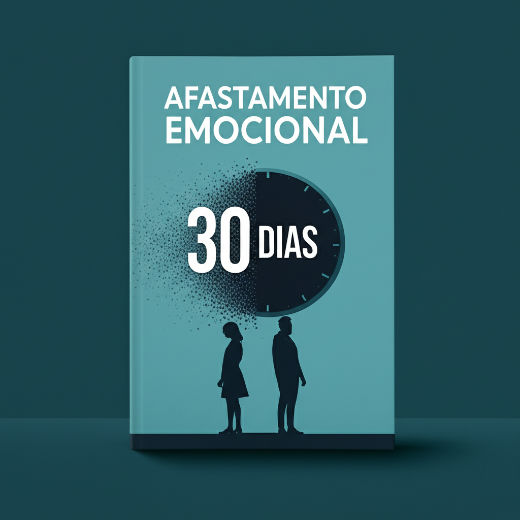 Capa do eBook 'Afastamento Emocional' com relógio de 30 dias e silhueta de casal distante, cores azul e teal.