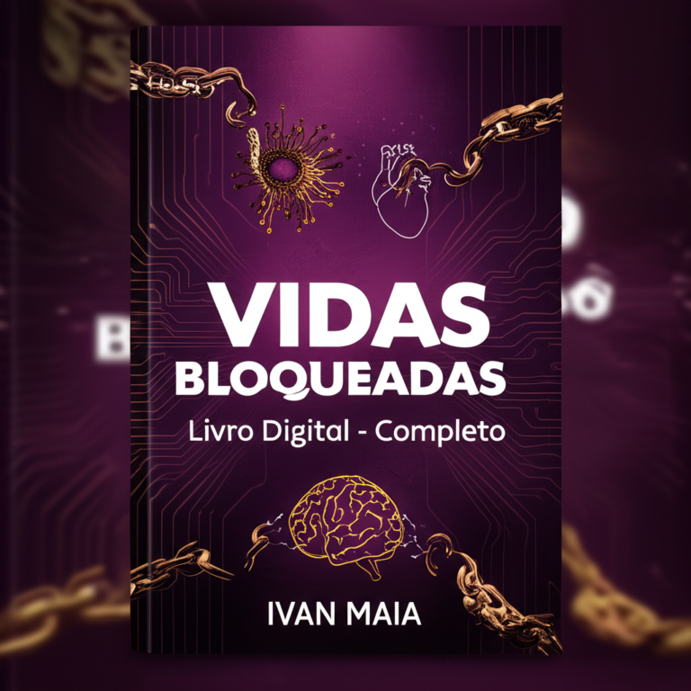 Capa do ebook Vidas Bloqueadas de Ivan Maia, com correntes rompidas, fundo roxo e dourado, e título em destaque.