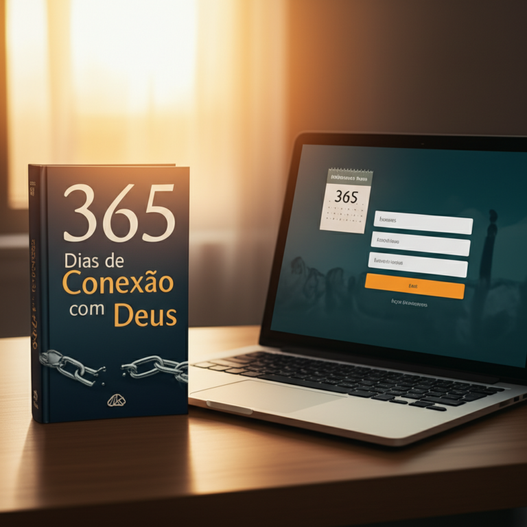 Capa do livro 365 Dias de Conexão com Deus ao lado de tela de login digital, simbolizando a escolha entre o caminho oficial e o download grátis.