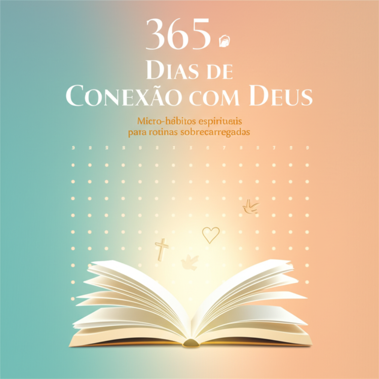 Capa do livro "365 Dias de Conexão com Deus" mostrando um diário aberto com luz dourada, calendário de 365 pontos e símbolos de fé como cruz, pomba e coração.
