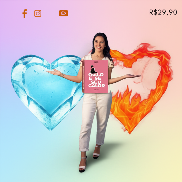Ilustração de um coração dividido entre gelo azul e fogo vermelho, representando o ebook 'O Gelo e Seu Calor' e a busca por equilíbrio emocional.