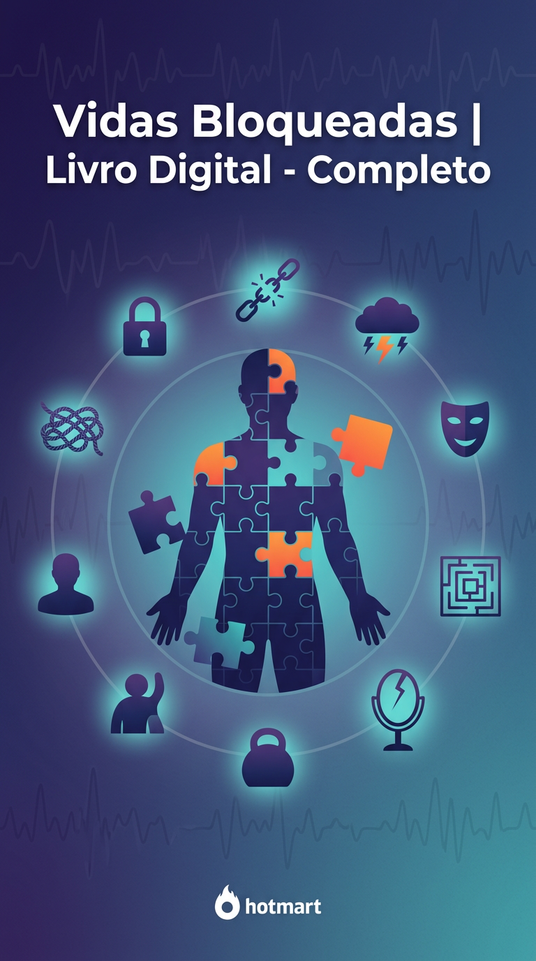 Capa do e‑book "Vidas Bloqueadas" mostrando uma silhueta humana feita de peças de quebra‑cabeça com nove símbolos que representam bloqueios emocionais ao redor, em cores azul escuro e detalhes em laranja.