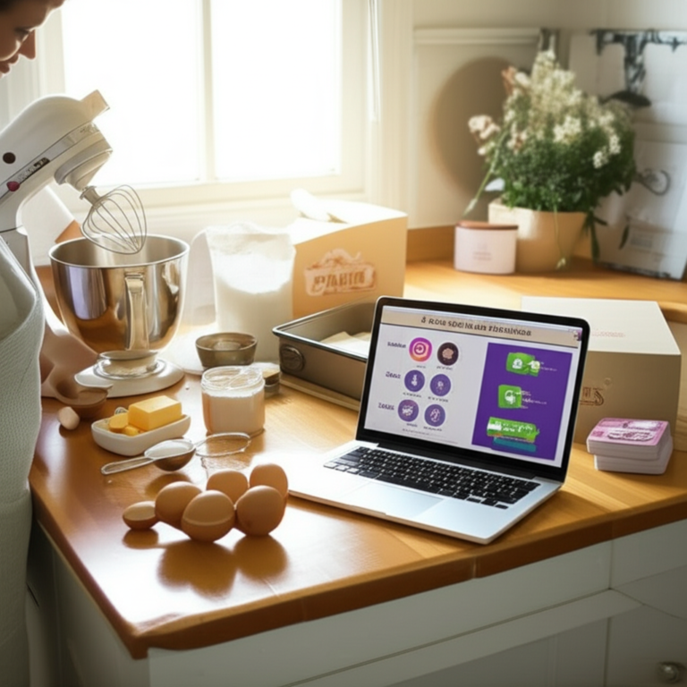 Cozinha caseira com confeiteiro preparando bolo simples, laptop exibindo curso da Casa dos Bolos Caseiros, ingredientes e utensílios ao redor.