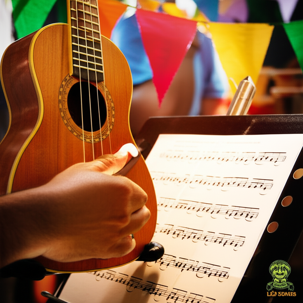 Cavaquinho com partitura rítmica e mão direita em movimento, representando o curso “A Procura da Batida Perfeita” de Léo Soares.