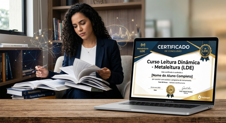 Certificado digital do Curso Leitura Dinâmica - Metaleitura (LDE) com fundo de leitura rápida e elementos de neurociência