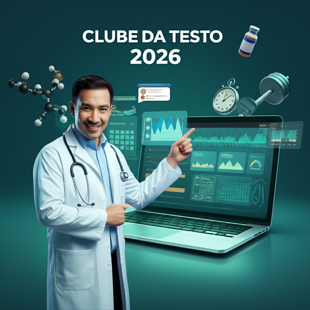Ilustração 3D de Dr. Alessandro Loiola apresentando o curso Clube da Testo 2026 com gráficos hormonais, ícones de sono, treino e suplementos em tela Hotmart.