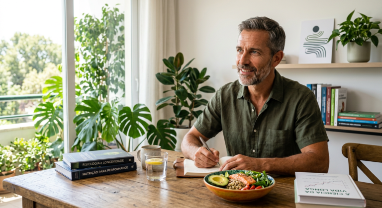 Homem de meia-idade, com aspecto saudável e enérgico, em um ambiente que sugere bem-estar e foco. A imagem representa a otimização de testosterona masculina e melhoria de energia através de um estilo de vida saudável, conforme promovido pelo Clube da Testo de Dr. Alessandro Loiola.