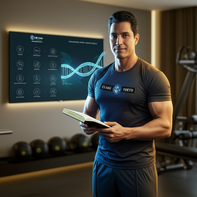 Homem atlético segurando um caderno científico com ícones de sono, dieta, treino, mente e vitaminas, representando o programa Clube da Testo de Alessandro Loiola.