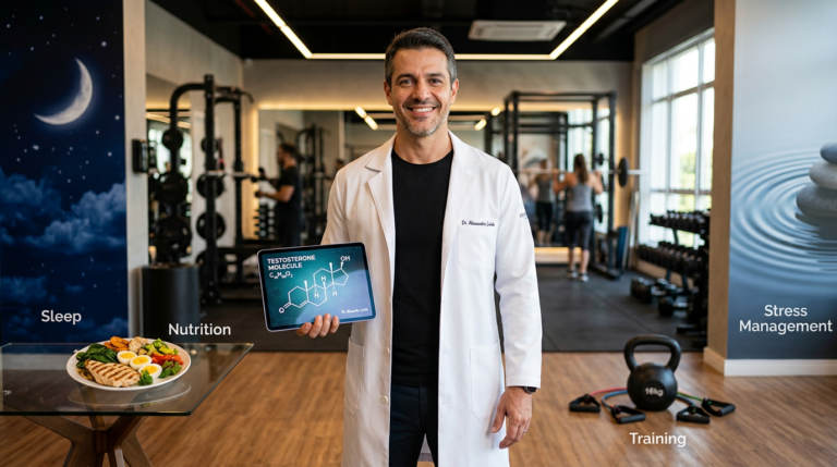 Dr. Alessandro Lemos Passos Loiola presenting the Clube da Testo program with symbols of sleep, nutrition, training and stress management.