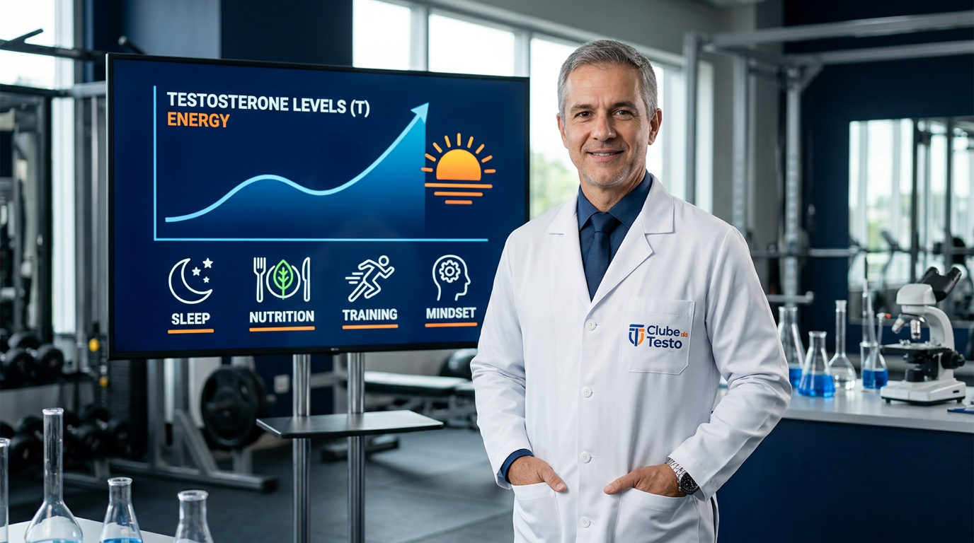 Dr. Alessandro Lemos Passos Loiola em jaleco branco, ao lado de ícones de sono, dieta, treino e mente, simbolizando o método científico do Clube da Testo para elevar energia e testosterona.