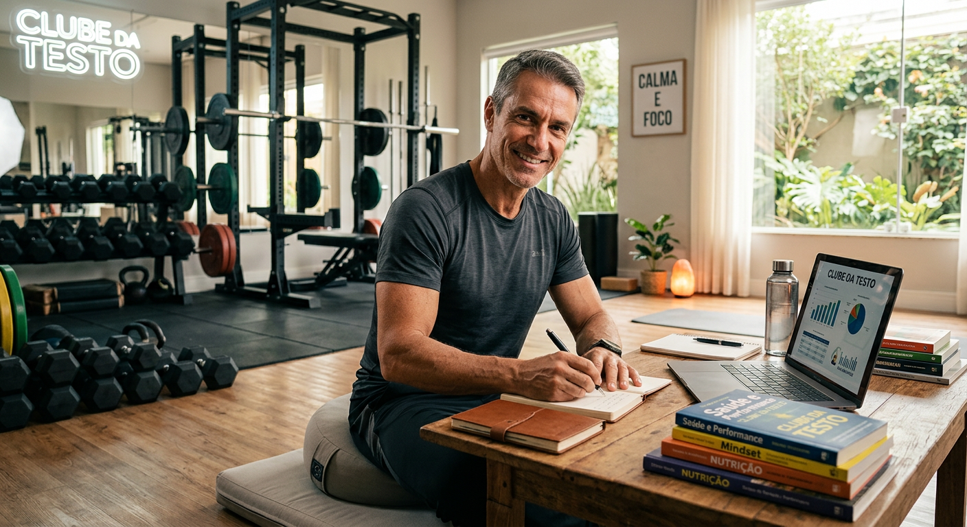 Homem de meia-idade, atlético e confiante, que representa a recuperação de energia e vitalidade proporcionada pelo Clube da Testo de Alessandro Loiola para baixa testosterona e falta de disposição masculina.
