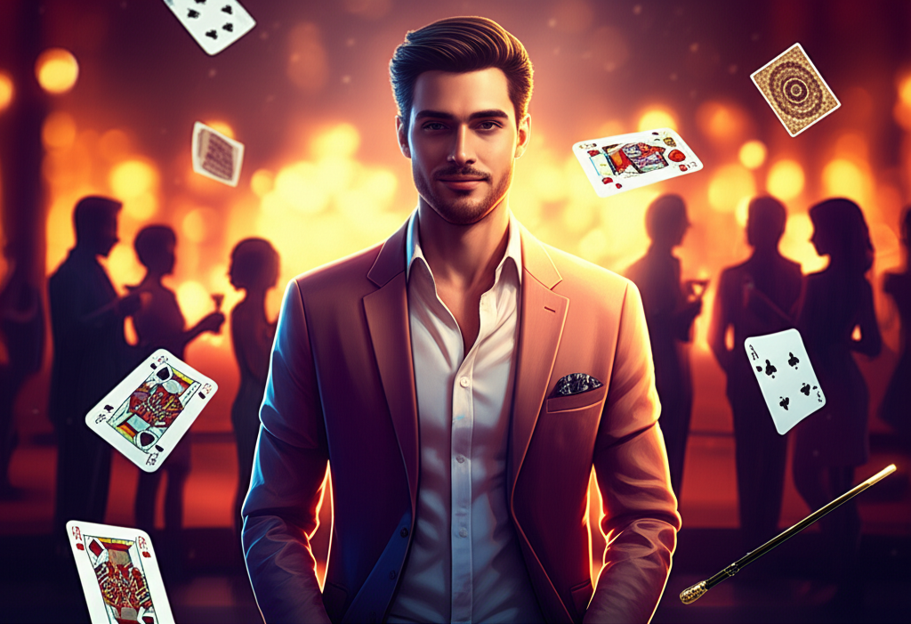 Ilustração de um homem confiante em um ambiente social com elementos mágicos sutis, representando o curso Código da Coragem de Titio Bernardo.