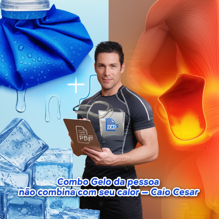 Capa do guia digital “Combo Gelo da pessoa não combina com seu calor – Caio Cesar”, mostrando gelo azul à esquerda e calor vermelho à direita, com Caio Cesar segurando um tablet.