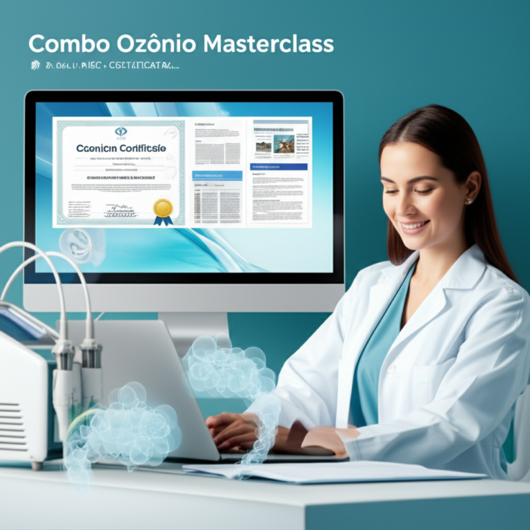 Ilustração promocional do Combo Ozônio Masterclass mostrando certificado MEC de 120h, artigos científicos, protocolos de ozonioterapia e um profissional de saúde usando laptop.