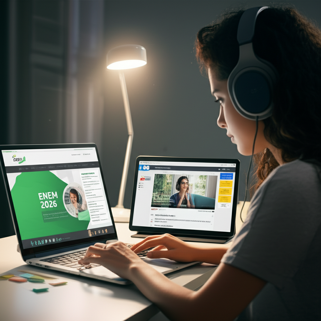 Estudante brasileiro estudando para o ENEM 2026 usando o curso Extensiva 2026 ao lado de recursos gratuitos do YouTube.