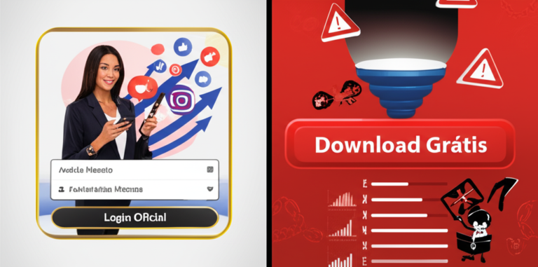 Ilustração dividida mostrando o Login Oficial do Sistema Viral de Andréa Mazeto ao lado da armadilha de Download Grátis, com ícones de viralidade e alertas de risco.