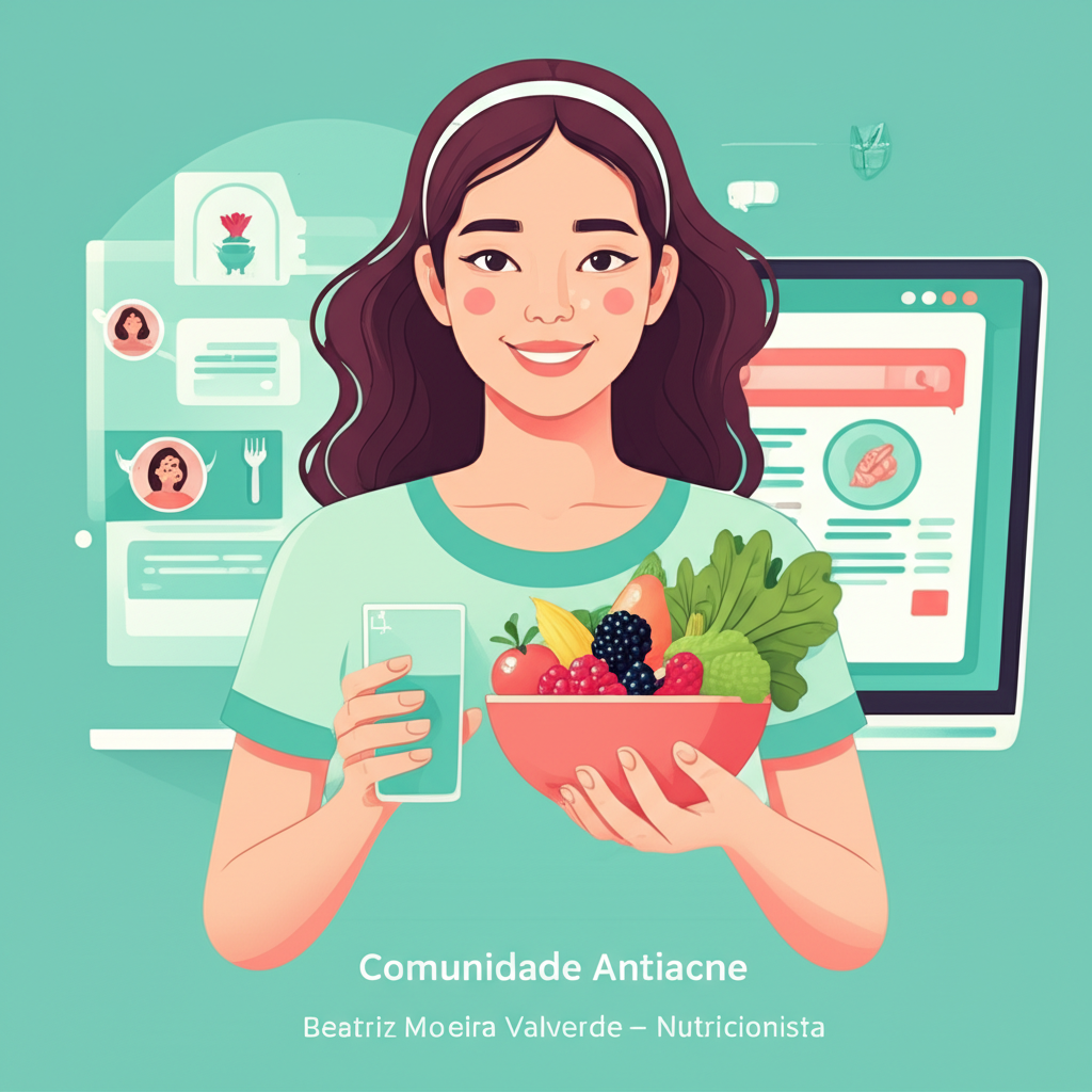 Ilustração de jovem com pele limpa segurando tigela de vegetais frescos, ao lado de laptop mostrando comunidade online do curso Comunidade Antiacne, criado por Beatriz Moreira Valverde.