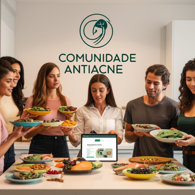 Ilustração de um grupo diversificado de jovens aprendendo sobre alimentação saudável para combater a acne, liderado por uma nutricionista, com alimentos frescos e um tablet que mostra o curso online da Comunidade Antiacne.