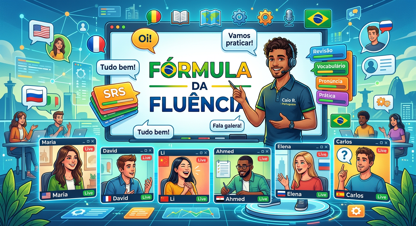 Ilustração da comunidade online do curso Fórmula da Fluência, com Caio R. apresentando blocos de frases, ícones de idioma e alunos conectados via videochamada.