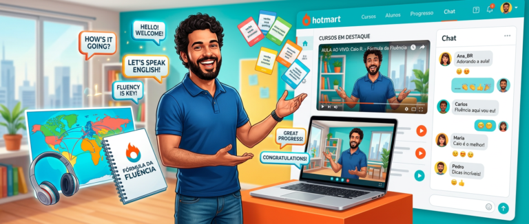 Ilustração digital de Caio R. apresentando a comunidade online do Fórmula da Fluência com ícones de aprendizado de inglês.