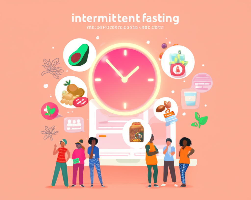 Ilustração de comunidade online de jejum intermitente com pessoas, relógio, alimentos saudáveis e tela de fórum digital