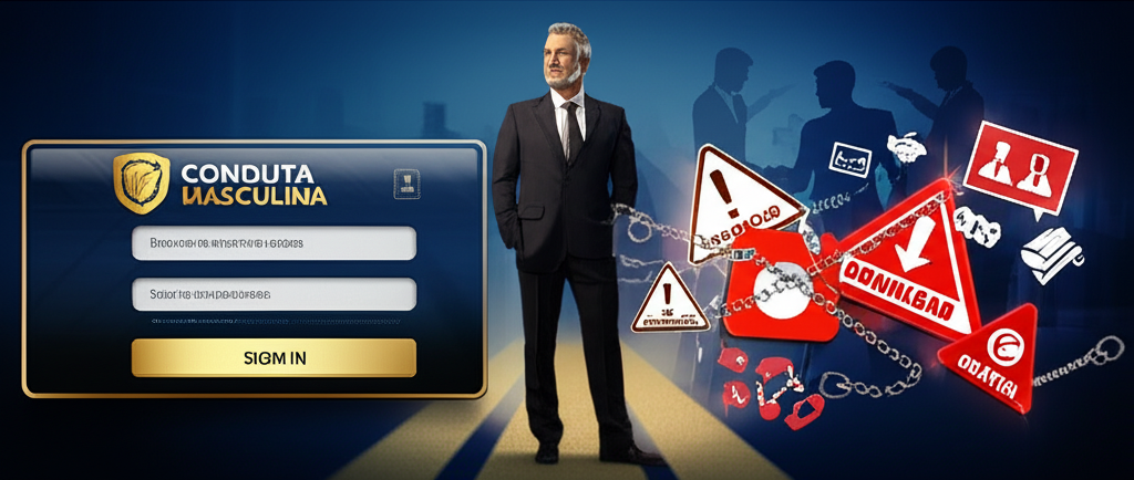 Ilustração de um homem confiante diante de duas escolhas: login oficial do curso Conduta Masculina e armadilha de download grátis, com comunidade masculina ao fundo.