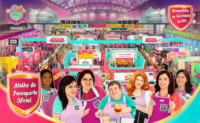 Cena colorida do Confeitar Brasil 2026 em Expominas BH, com mulheres confeiteiras, intérprete de Libras e expositores, destacando as arenas de chocolate, panificação e marketing digital.