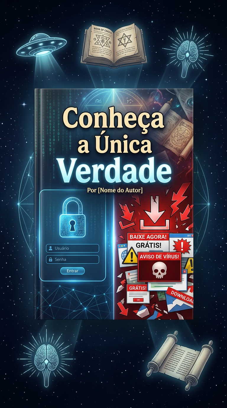 Capa do ebook 'Conheça a Única Verdade' dividida entre login oficial seguro (lado esquerdo) e armadilha de download grátis (lado direito), com símbolos de conspiração e espiritualidade ao redor.