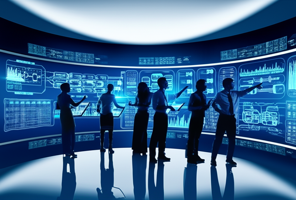 Equipe de engenheiros colaborando em uma sala de controle DevOps de alta tecnologia, monitorando pipelines CI/CD avançados com gráficos de IA em telas futuristas.