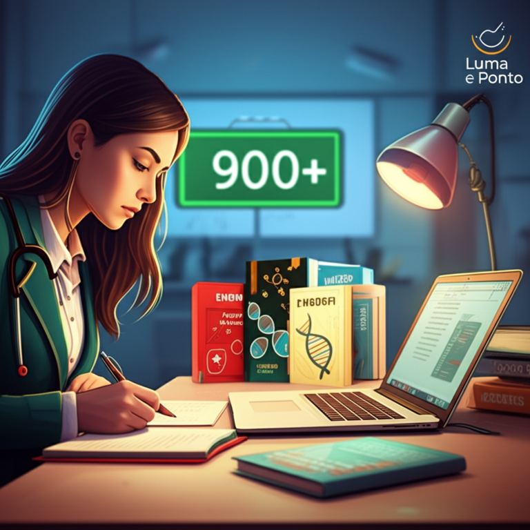 Estudante de medicina escrevendo redação com símbolos médicos e nota 900+ ao fundo, representando o CRM - Curso de Redação para Medicina da Luma e Ponto.