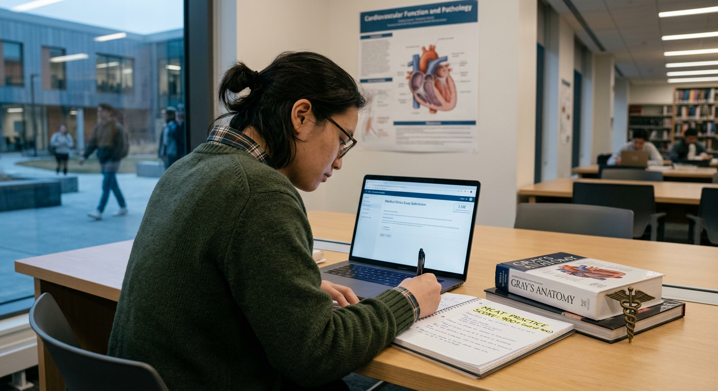 Jovem estudante focada na redação para medicina, com caderno mostrando nota 900+ e elementos médicos sutis ao fundo.
