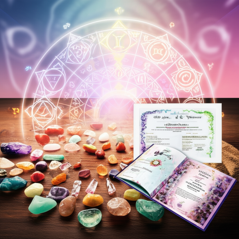 Imagem de cristais coloridos dispostos sobre uma mesa de madeira, com luz suave, símbolos de chakras, signos zodiacais e planetas, representando o curso gratuito de Cristaloterapia.