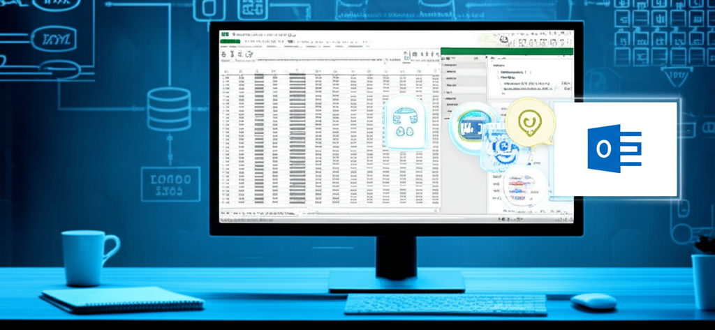 Monitor displaying advanced Excel workbook with Power Query, Power Pivot, and AI‑generated formulas, surrounded by Microsoft 365 and ChatGPT icons.
