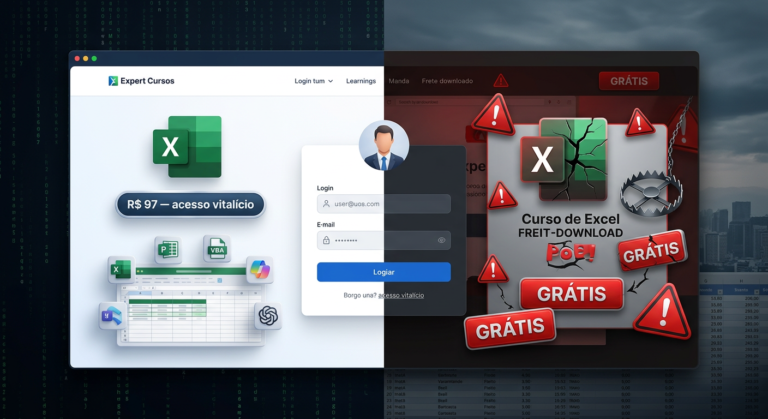 Ilustração comparando o login oficial do Curso de Excel Expert (lado esquerdo) com a armadilha de download gratuito (lado direito).