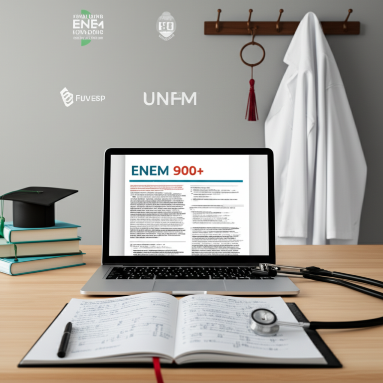 Estudante de medicina escrevendo redação de alta pontuação ao lado de estetoscópio e materiais de estudo.