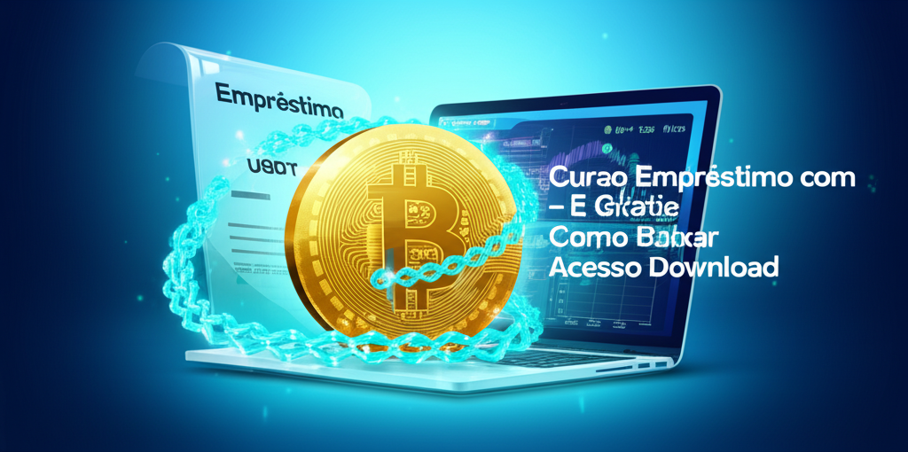 Ilustração promocional do curso que ensina a usar Bitcoin como garantia para obter empréstimos em USDT, com gráficos DeFi, laptop e documentos de crédito.