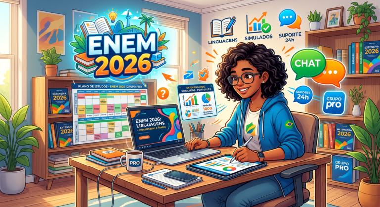 Estudante brasileiro estudando online com laptop e tablet, rodeado por material do curso Extensiva 2026 do Grupo Pro e ícones de ENEM 2026.