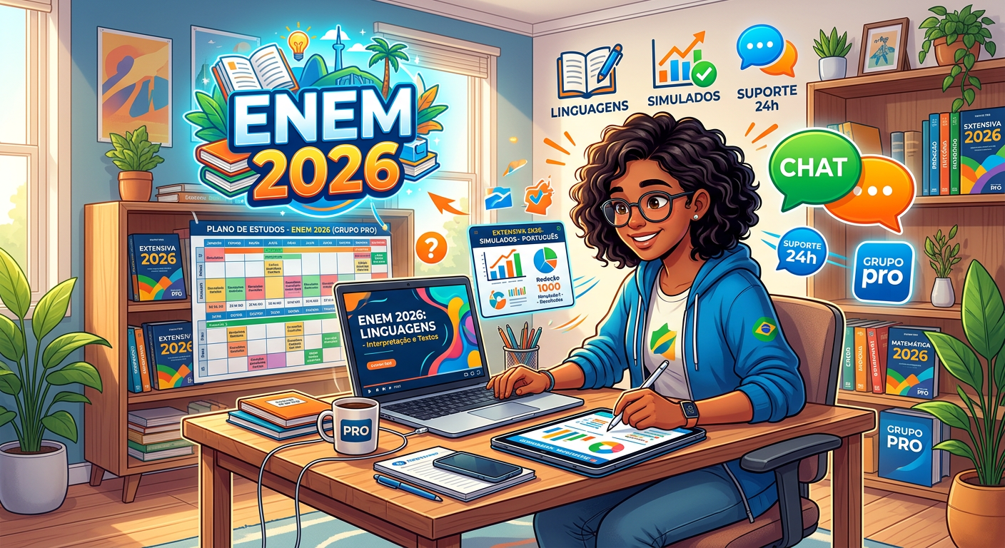 Estudante brasileiro estudando online com laptop e tablet, rodeado por material do curso Extensiva 2026 do Grupo Pro e ícones de ENEM 2026.