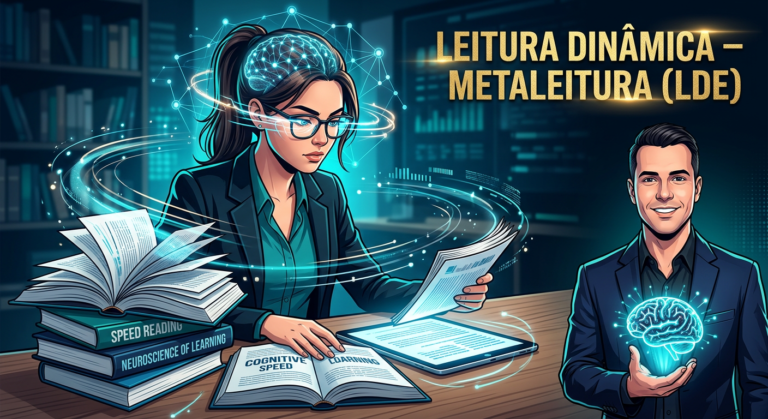 Ilustração de um estudante lendo rapidamente livros e tablet, com linhas de movimento nos olhos e rede neural ao fundo, ao lado de Renato Alves apresentando o curso Leitura Dinâmica – Metaleitura (LDE).
