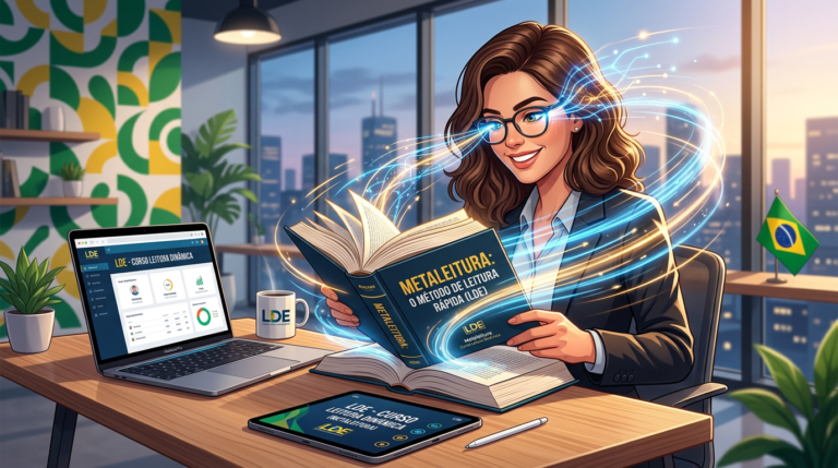 Ilustração de pessoa lendo rapidamente com destaque para neurociência e o logo do Curso Leitura Dinâmica - Metaleitura (LDE)