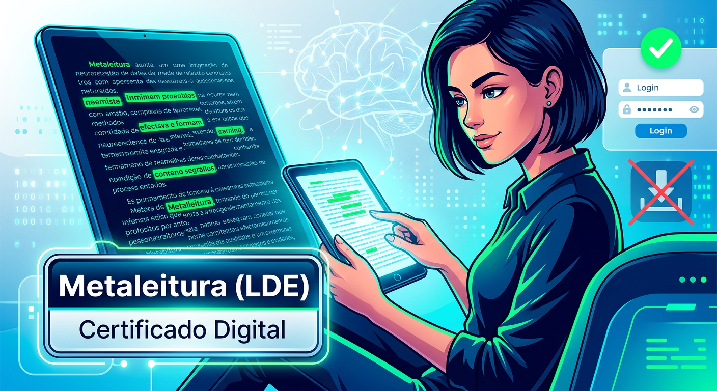 Ilustração de estudante usando tablet com técnicas de leitura dinâmica Metaleitura, mostrando padrões neurais e certificado digital, contrastando login oficial e download grátis.