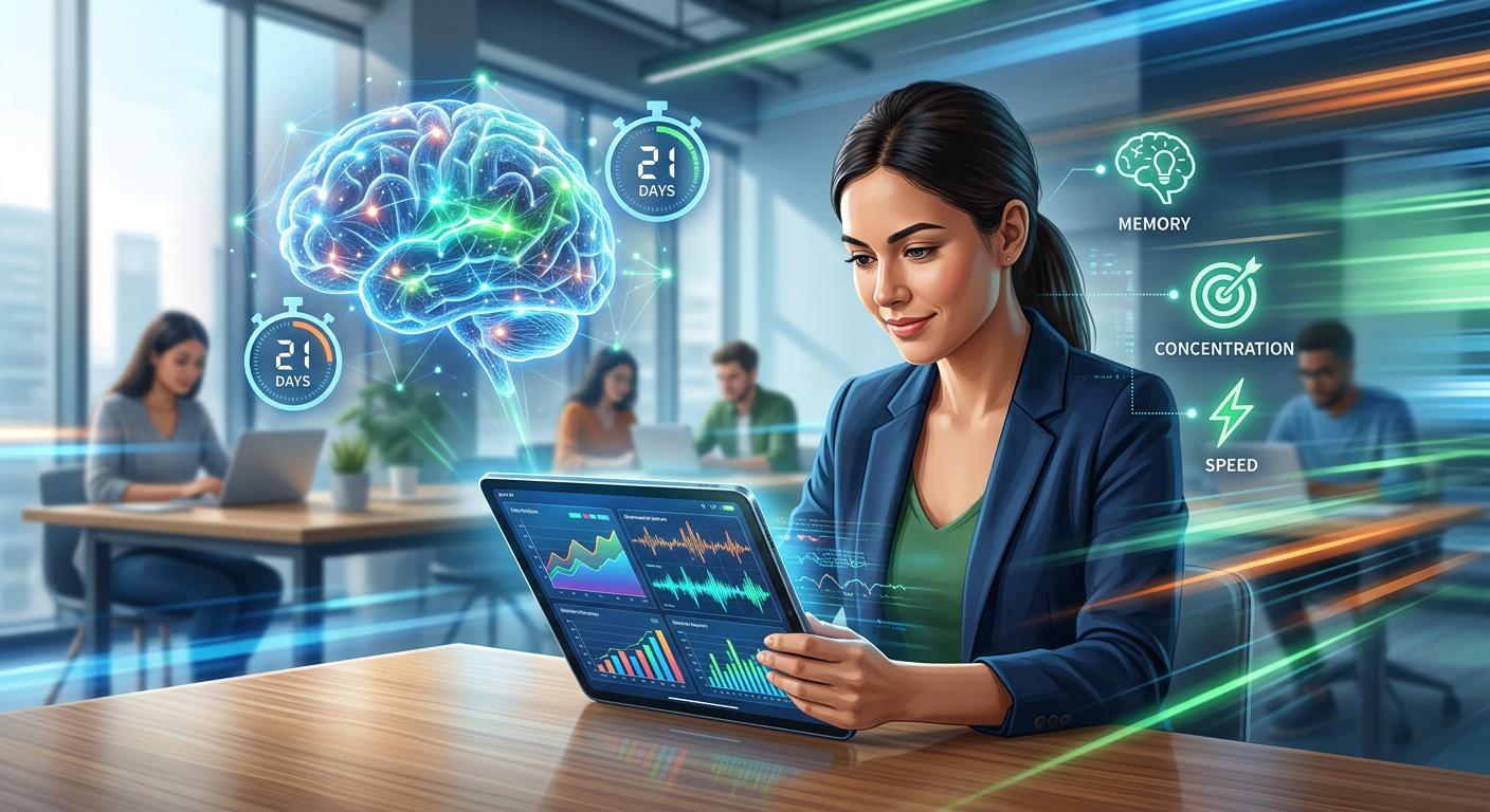 Ilustração de um estudante usando um tablet para aprender técnicas de leitura dinâmica e memorização, com gráficos de ativação cerebral e símbolos de velocidade.