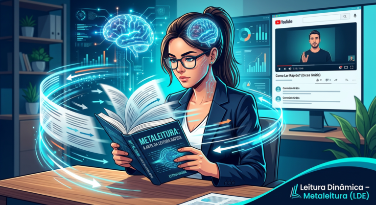 Ilustração de pessoa lendo rapidamente um livro, com efeitos de neurociência e contraste com tela do YouTube, representando o curso Metaleitura.