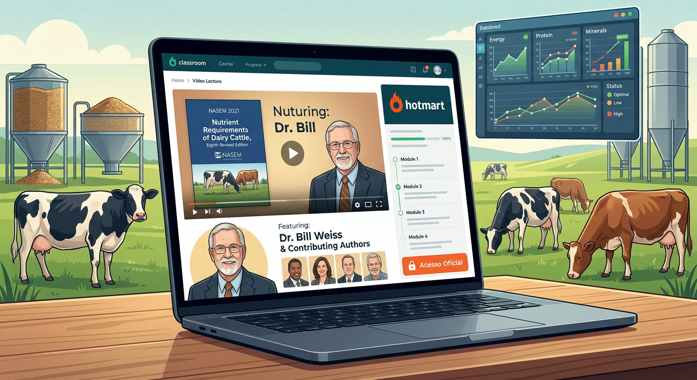 Ilustração de curso online NASEM 2021 sobre nutrição de bovinos leiteiros, mostrando tela de login Hotmart, professores especialistas e fazenda de vacas leiteiras.
