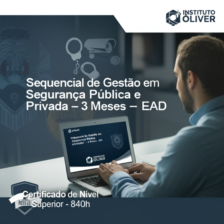 Homem estudando online o curso Sequencial de Gestão em Segurança Pública e Privada (3 meses) no portal Hotmart, com ícones de segurança pública e logo do Instituto Óliver ao fundo.