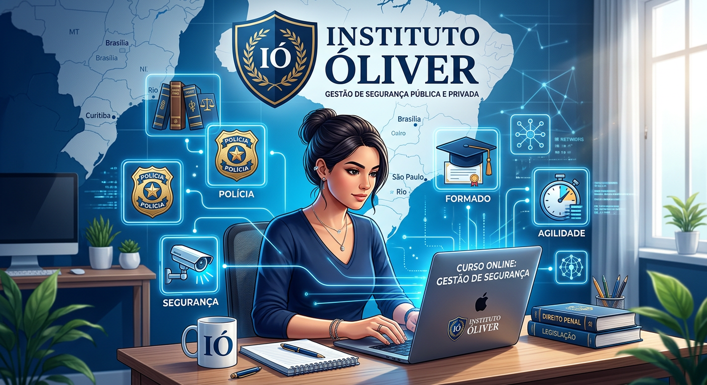 Estudante online estudando para o Curso Superior Sequencial de Gestão em Segurança Pública e Privada, com ícones de direito, polícia e segurança ao redor.