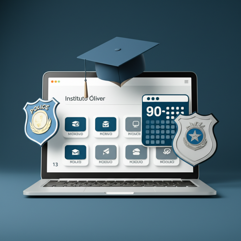 Ilustração do Curso Superior Sequencial de Gestão em Segurança Pública e Privada – 3 meses EAD – com símbolos de educação, segurança pública e segurança privada.