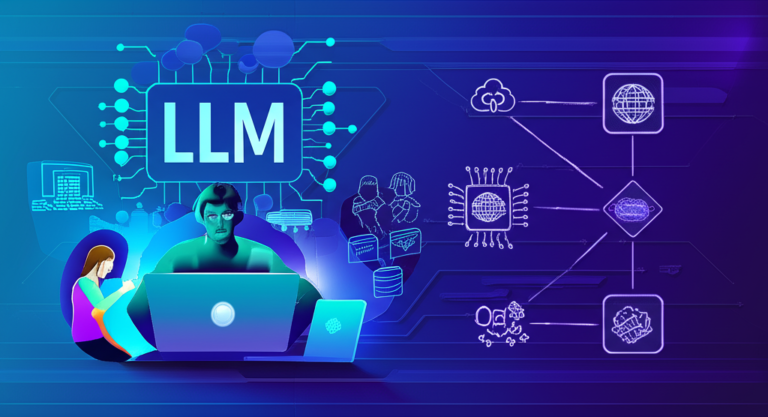 Ilustração de desenvolvedor trabalhando com LLMs, RAG, agentes de IA e pipelines de dados em um curso online de engenharia de software aplicada à IA generativa.