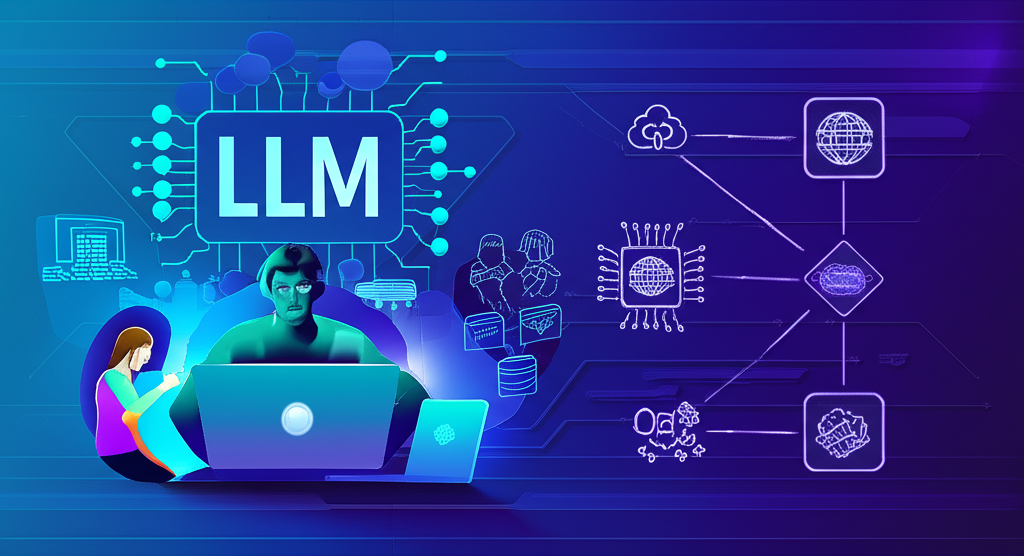 Ilustração de desenvolvedor trabalhando com LLMs, RAG, agentes de IA e pipelines de dados em um curso online de engenharia de software aplicada à IA generativa.