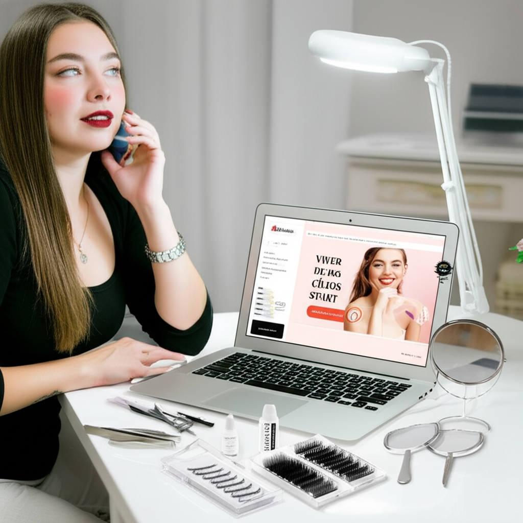 Jovem empreendedora de beleza estudando o curso Viver de Cílios Plano Start no laptop, cercada por kit profissional de extensão de cílios.